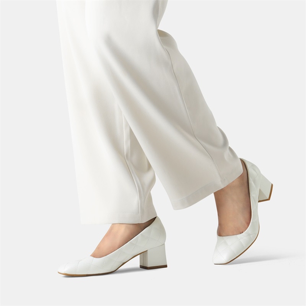 Square Toe Low Heel Pumps - WHITE PU - 1